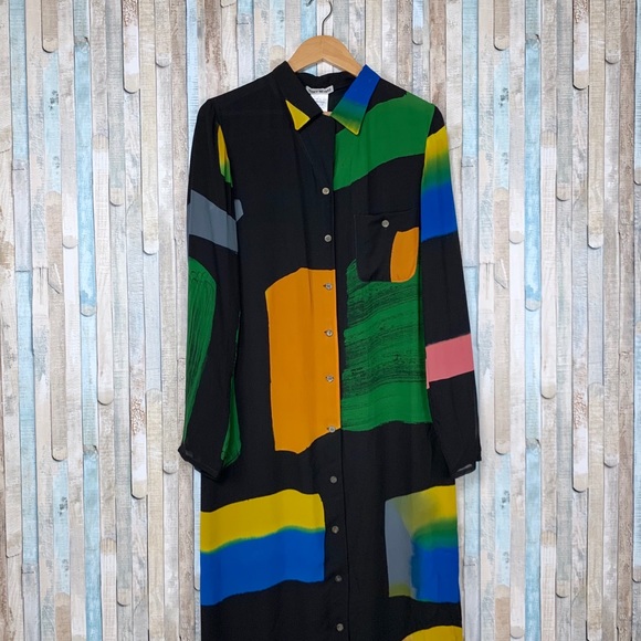 Issey Miyake M Colorful Silk Maxi Shirt Dress Rare - Picture 2 of 8